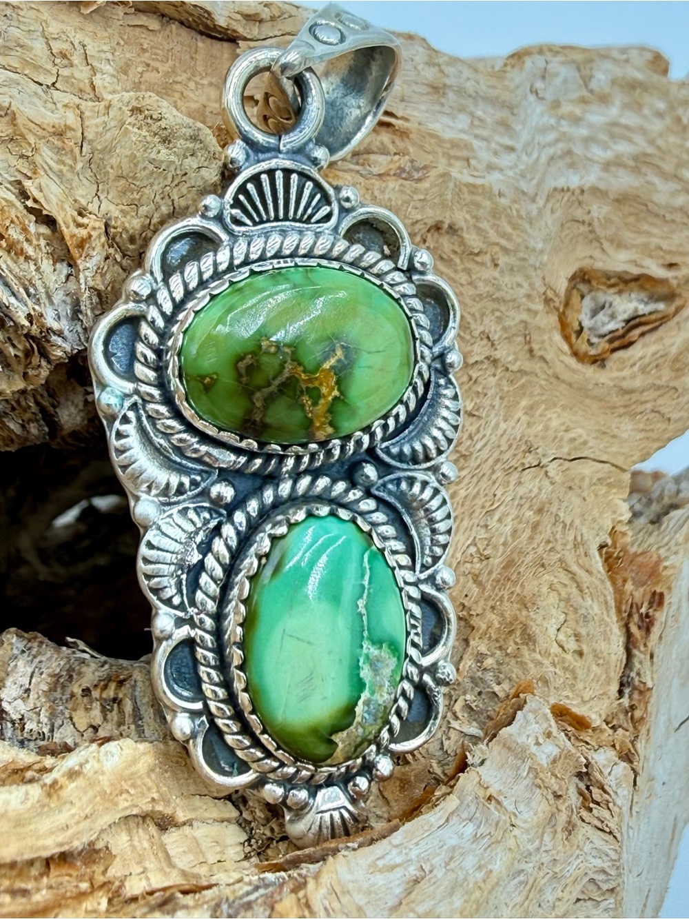 Sterling Silver Double Green Turquoise Southwestern Pendant 2.5” Native American - Picture 9 of 15